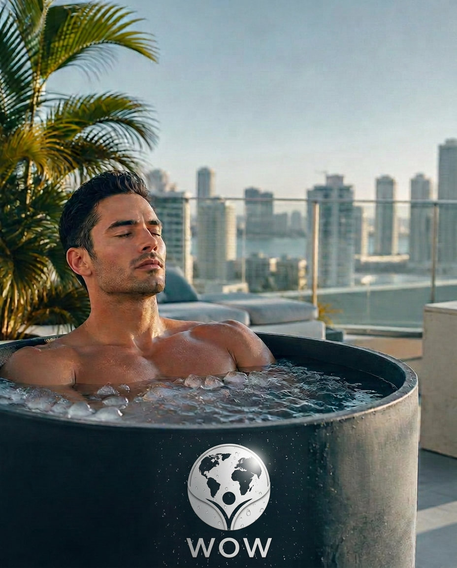 Man breathing calmly in an ice-filled cold plunge tub on a rooftop