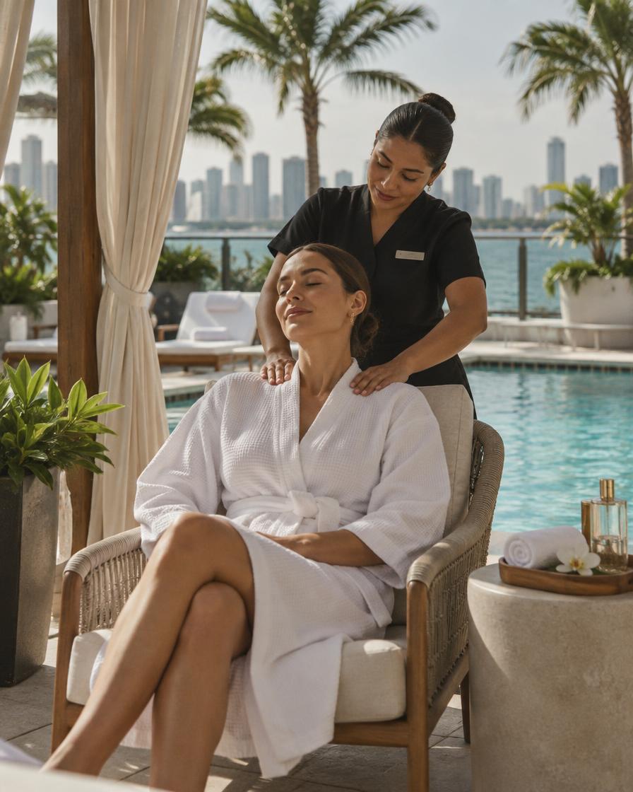 Guest in a robe enjoying a shoulder massage in a poolside cabana