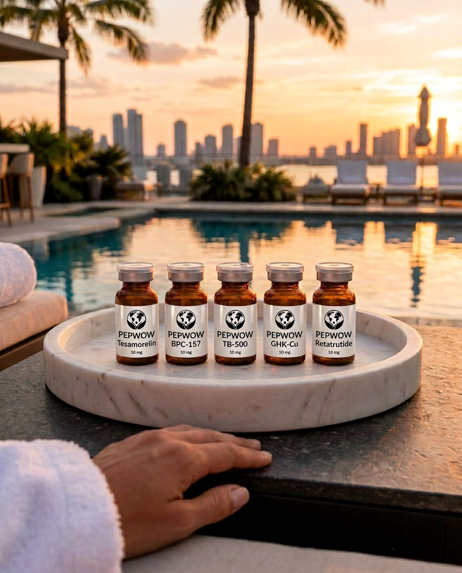 Five PEPWOW vials labelled Tesamorelin, BPC-157, TB-500, GHK-Cu and Retatrutide on a marble tray beside a rooftop pool at sunset